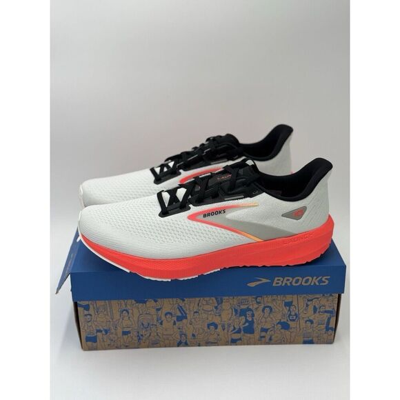 Brooks Men’s Launch 10 Running Shoes White/Black Fiery Coral New W Box Size 11.5 - Picture 1 of 8